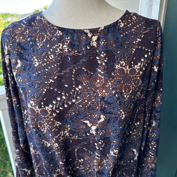 Veronica M Navy Bronze Abstract Print Tie Front Blouse XS Long Sleeve USA Made - Picture 2 of 8